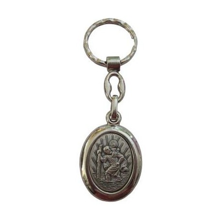Porte-clés ovale argenté Saint christophe