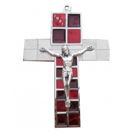 Crucifix métal argenté et rouge