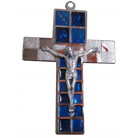 Crucifix métal argenté et bleu