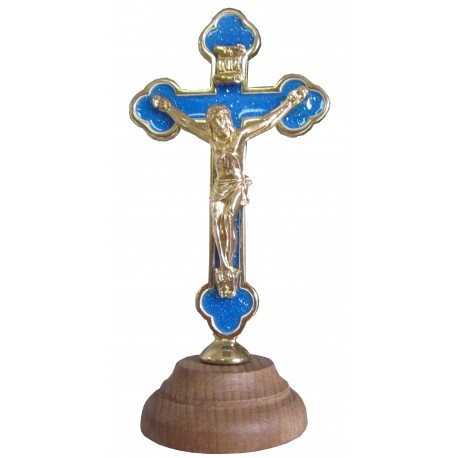 Croix sur socle métal doré/bleu