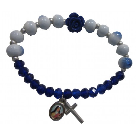 Bracelet bleu et blanc"rose bleu" croix médaille Ste Thérèse